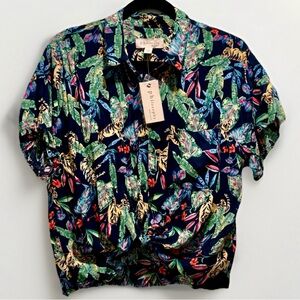 Philosophy Tropical Tiger Jungle Blouse L NWT Frayed Hem Resortwear Vacation
